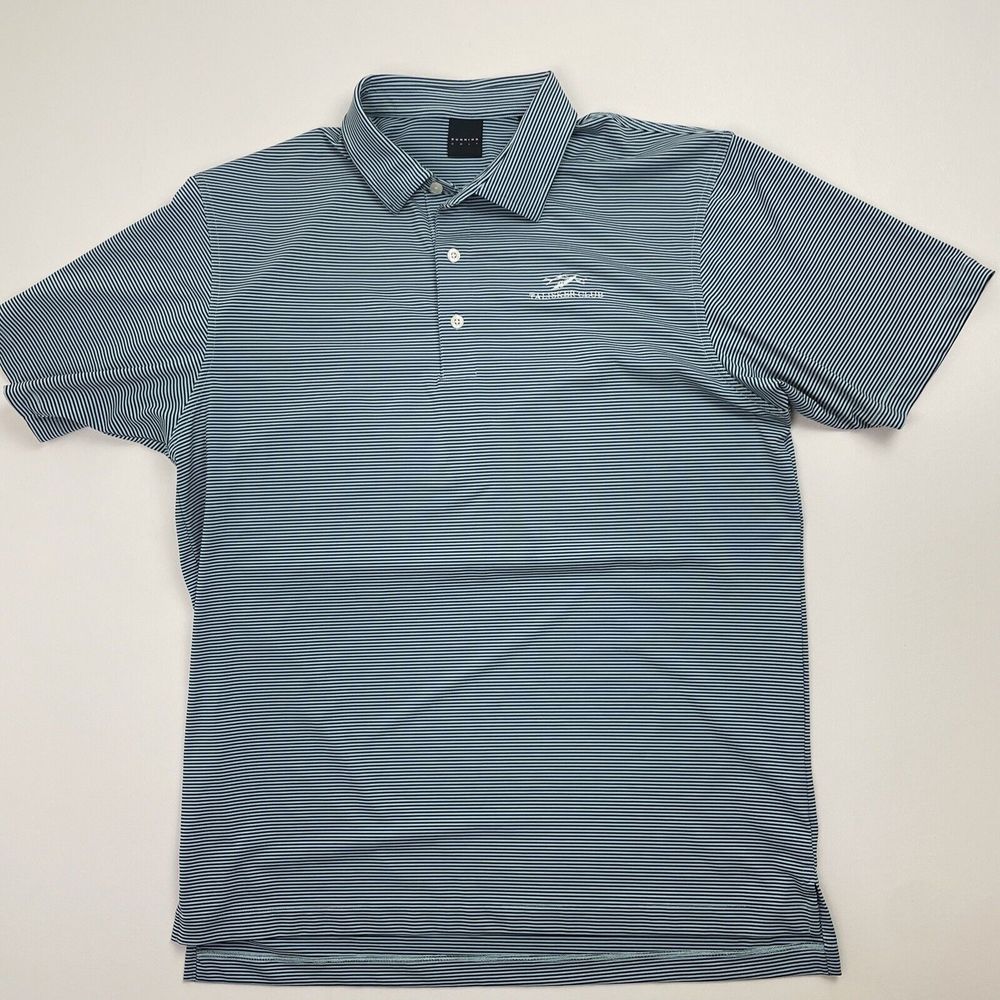 DUNNING GOLF Mens Aqua Navy Blue Striped  Performance Polo Shirt Medium